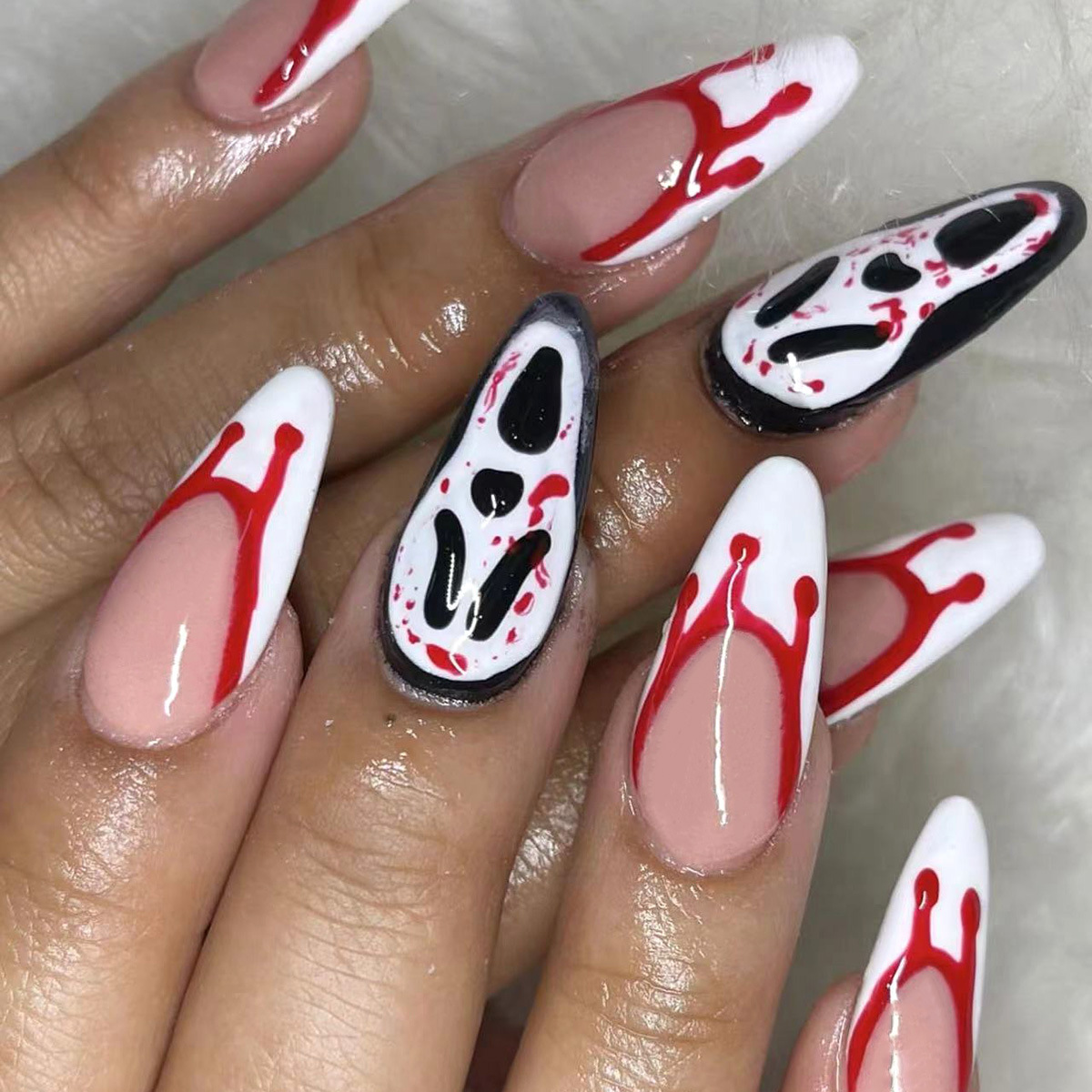 Halo Dyeing Bloodstain Design Long Pointed False Nails Halloween Detachable Finished Fake Nails Press on Nails with Jelly Glue  E0143A view 8