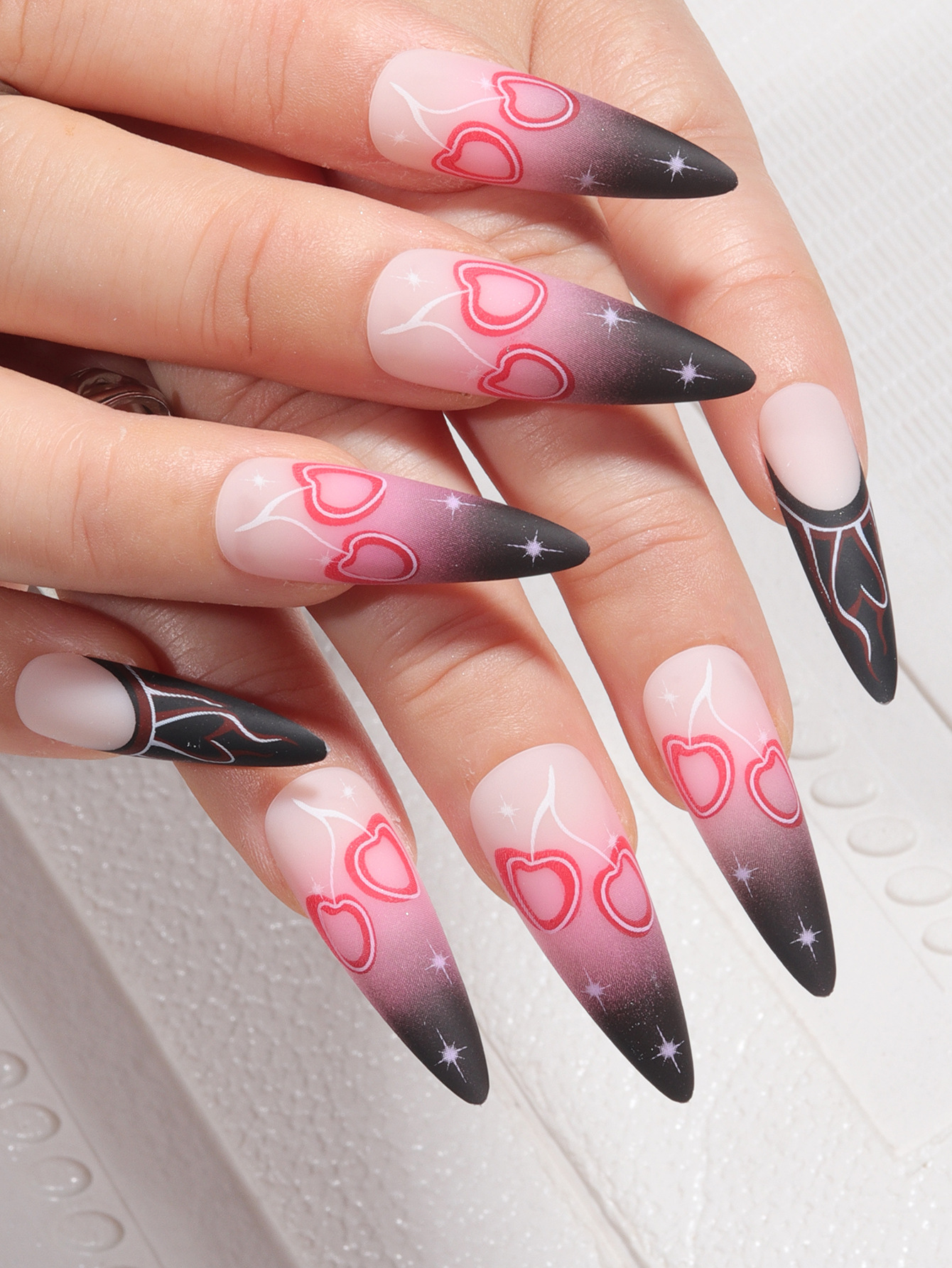 Halo Dyeing Bloodstain Design Long Pointed False Nails Halloween Detachable Finished Fake Nails Press on Nails with Jelly Glue  E0143A view 9