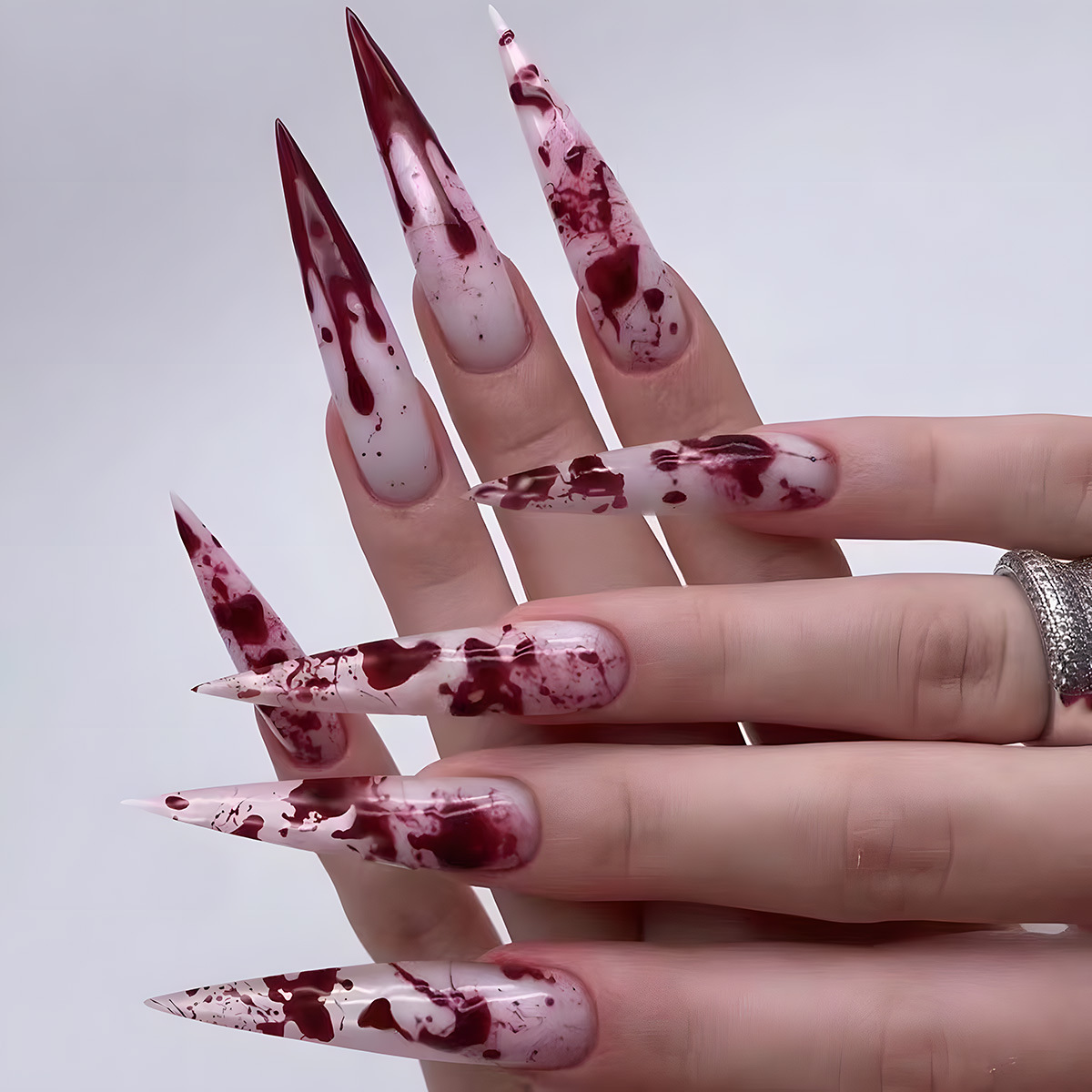 Halo Dyeing Bloodstain Design Long Pointed False Nails Halloween Detachable Finished Fake Nails Press on Nails with Jelly Glue  E0143A