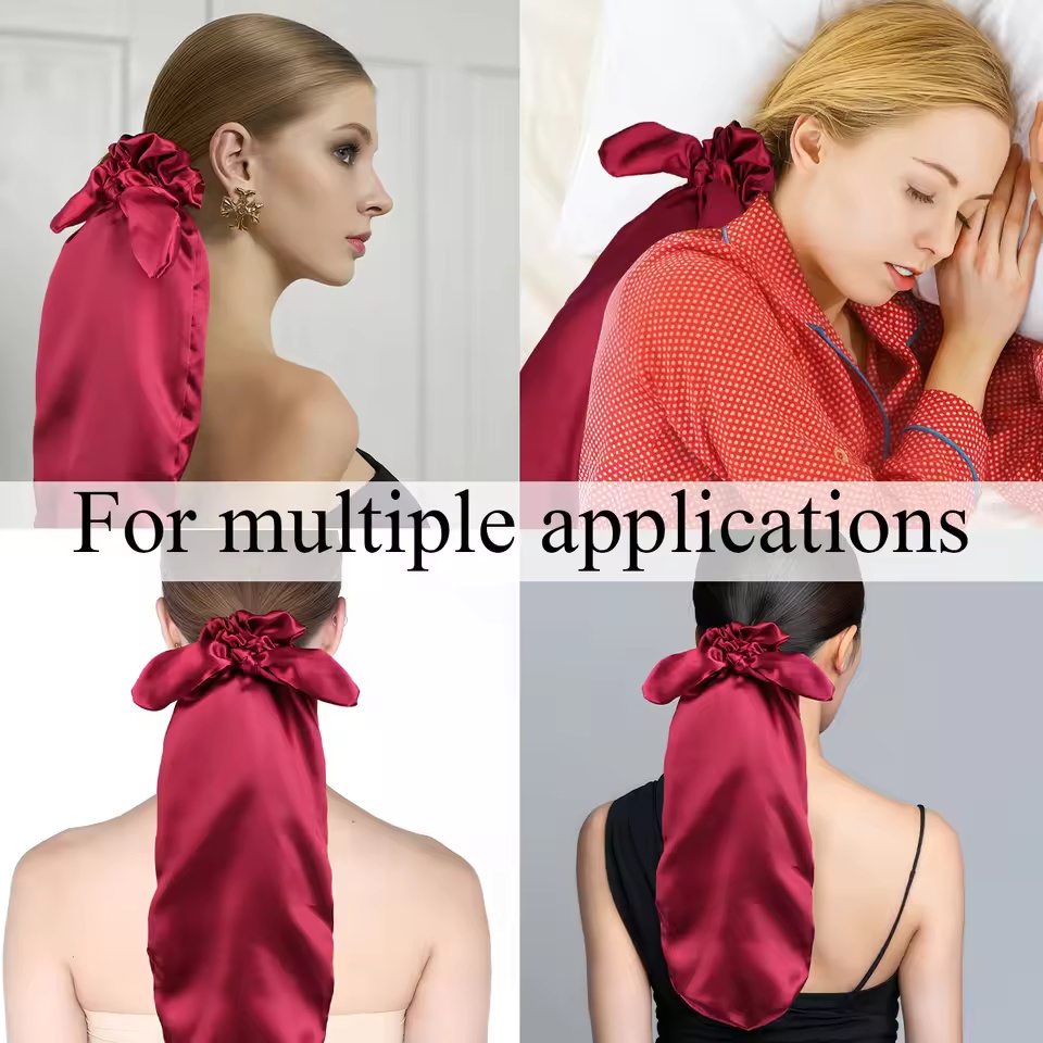 Satin Sleep Cap with Hair Bow Scrunchies, Soft Long Hair Bonnet for Long Hair, Hair Protector for Daily Use & Nighttime E0302