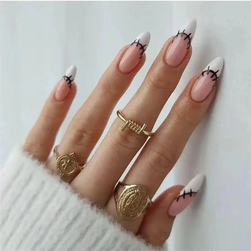 Halo Dyeing Bloodstain Design Long Pointed False Nails Halloween Detachable Finished Fake Nails Press on Nails with Jelly Glue  E0143A view 4