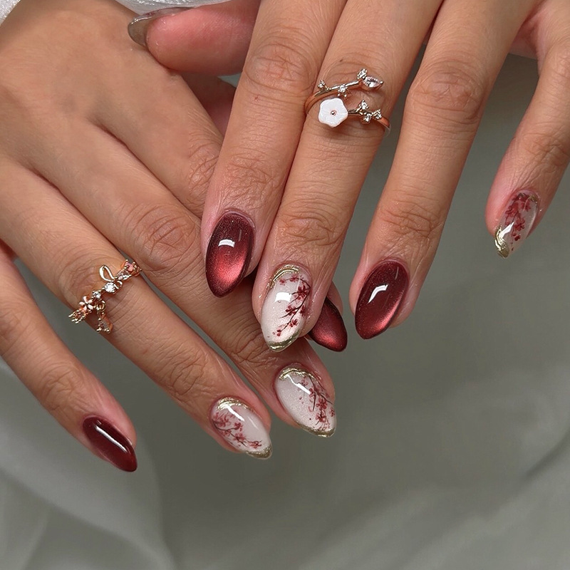 24pcs Pink Flower Almond Press on Nails Kawaii False Nails Wearable Stick-on Nails Fake Nail  Tips Wearable Reusable Glossy Short Round Press on Nails E0118