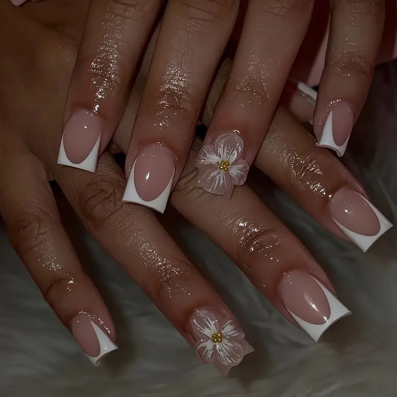 24pcs Simple False Nails Sets Flower Pattern Square Fake Nail French Short Ballet Press on Nails Acrylic Pink Full Cover Nail E0147A view 8