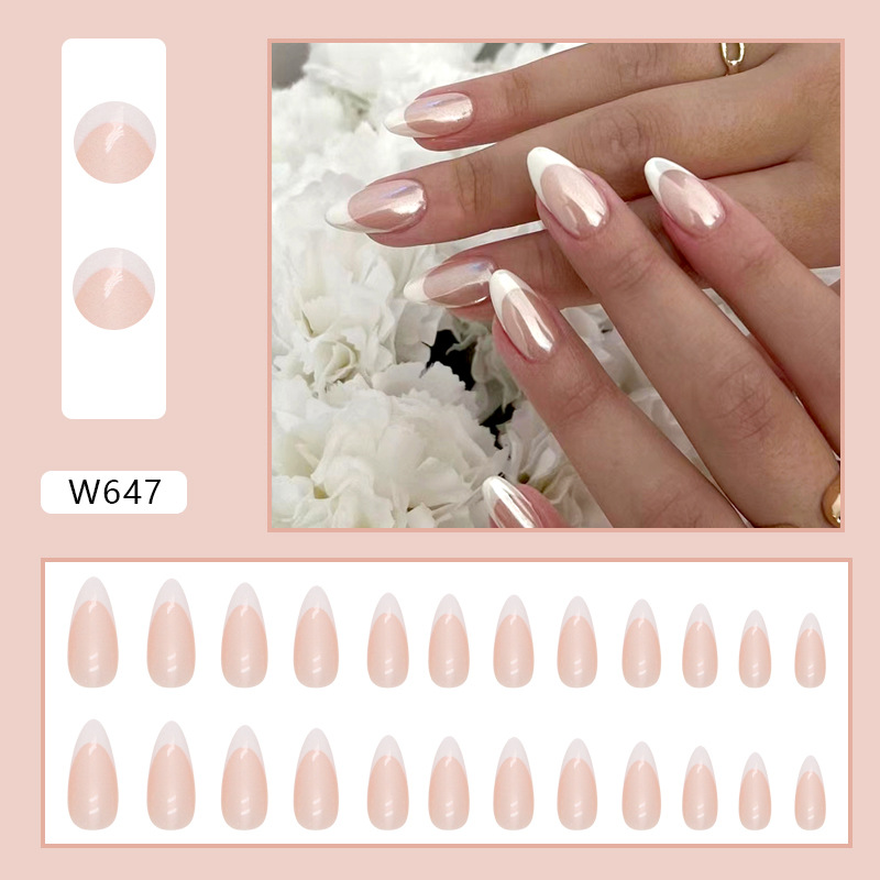 24Pcs French False Nails Almond Fake Nails with Glue Press on White Edge Design Wearable Simple Ins Pink Stiletto Nail Tips E0146A view 2
