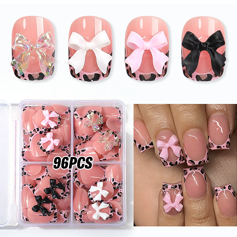 96pcs Nude Leopard French Bowknot False Nails Short Round Square Press On Nails Y2K Cute Leopard Bow Actylic Fake Nails Tips E0188 view 5