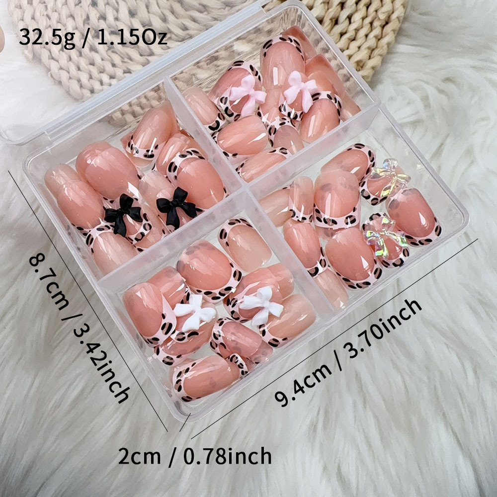 96pcs Nude Leopard French Bowknot False Nails Short Round Square Press On Nails Y2K Cute Leopard Bow Actylic Fake Nails Tips E0188 view 2