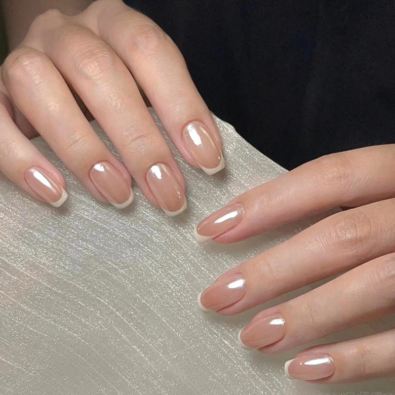 24Pcs French False Nails Almond Fake Nails with Glue Press on White Edge Design Wearable Simple Ins Pink Stiletto Nail Tips E0146A view 4