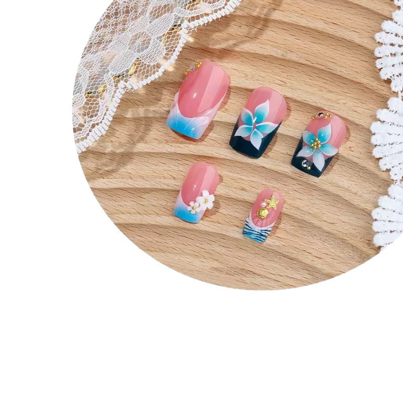 24pcs Simple False Nails Sets Flower Pattern Square Fake Nail French Short Ballet Press on Nails Acrylic Pink Full Cover Nail E0147A view 3