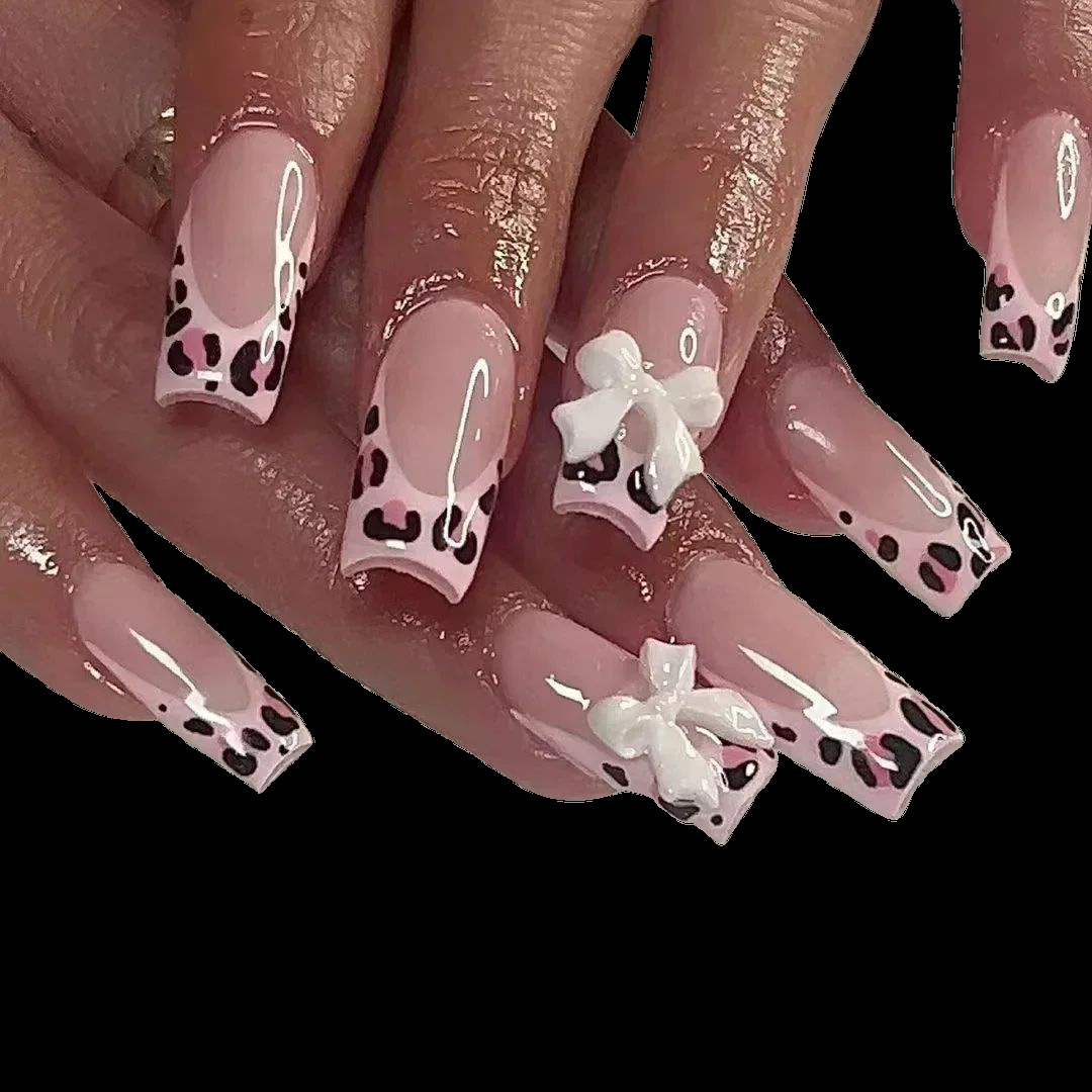 96pcs Nude Leopard French Bowknot False Nails Short Round Square Press On Nails Y2K Cute Leopard Bow Actylic Fake Nails Tips E0188