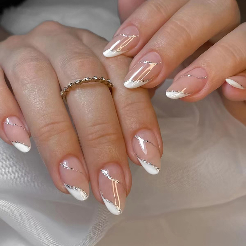 24Pcs French False Nails Almond Fake Nails with Glue Press on White Edge Design Wearable Simple Ins Pink Stiletto Nail Tips E0146A view 7