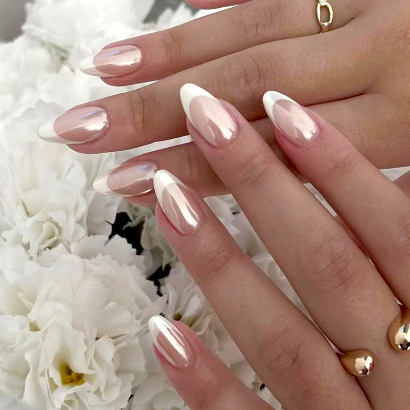 24Pcs French False Nails Almond Fake Nails with Glue Press on White Edge Design Wearable Simple Ins Pink Stiletto Nail Tips E0146A