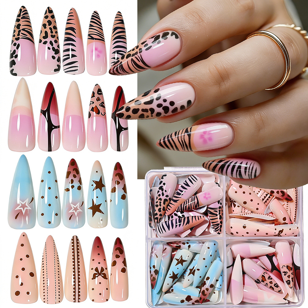 96pcs Nude Leopard French Bowknot False Nails Short Round Square Press On Nails Y2K Cute Leopard Bow Actylic Fake Nails Tips E0188 view 4