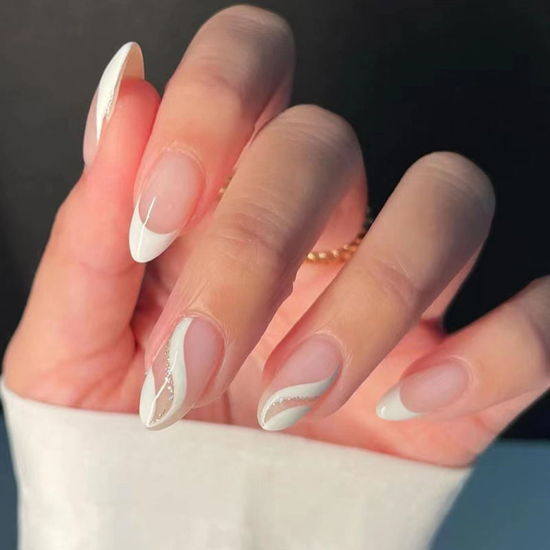 24Pcs French False Nails Almond Fake Nails with Glue Press on White Edge Design Wearable Simple Ins Pink Stiletto Nail Tips E0146A view 8