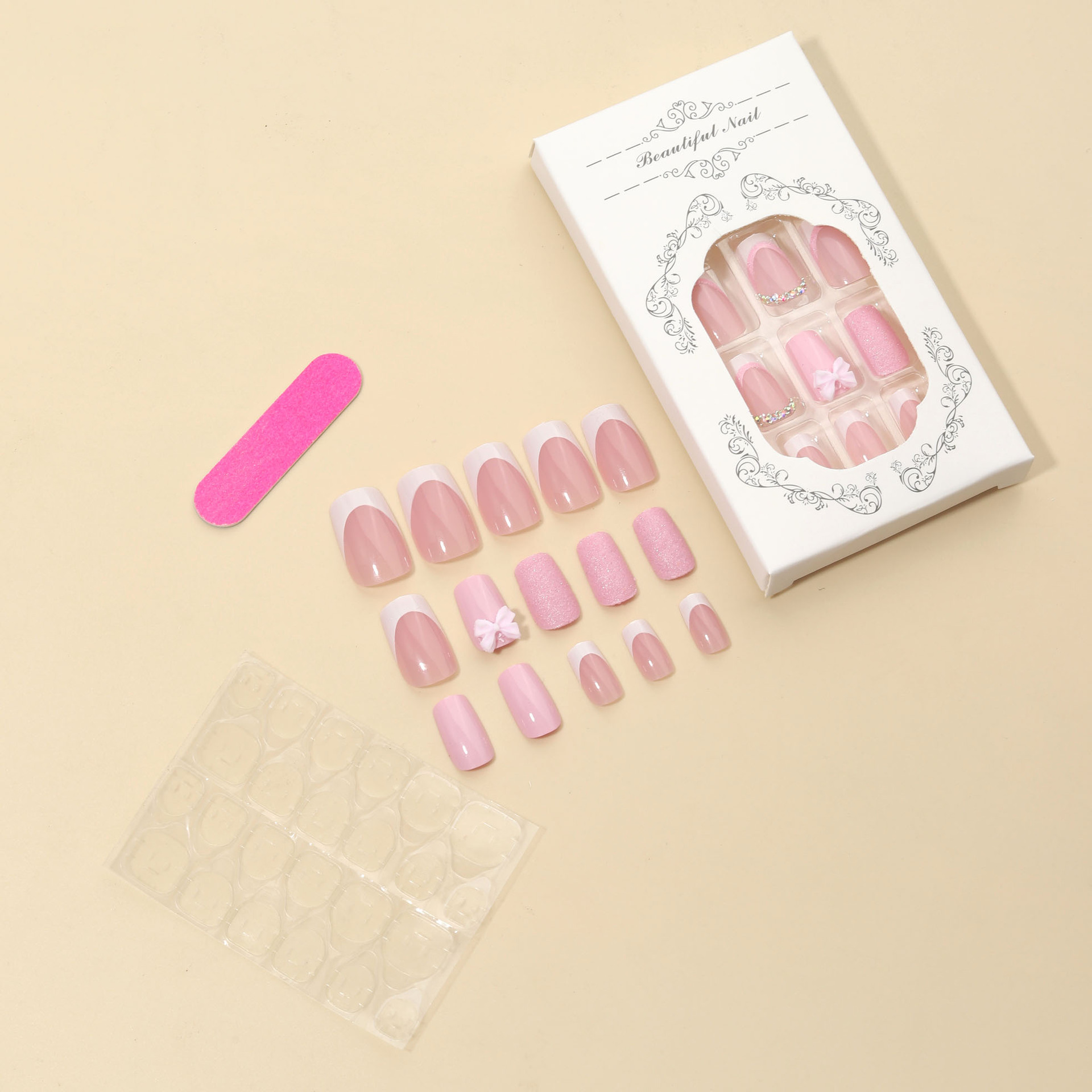 24Pcs Short Almond White Bowknot French Press on Nails Sweet Bow Pearl Design Acrylic Fake Nails Full Cover French False Nail E0125 view 2