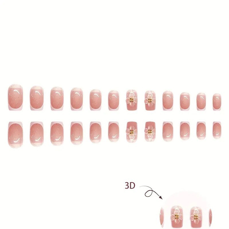 24pcs Simple False Nails Sets Flower Pattern Square Fake Nail French Short Ballet Press on Nails Acrylic Pink Full Cover Nail E0147A view 9