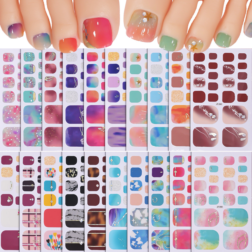 22tips/Sheet Toe Nail Stickers Glittering Toenails Manicure Art Decals Full Cover Removable Adhesive No Need UV Lamp Nail Patch E0135