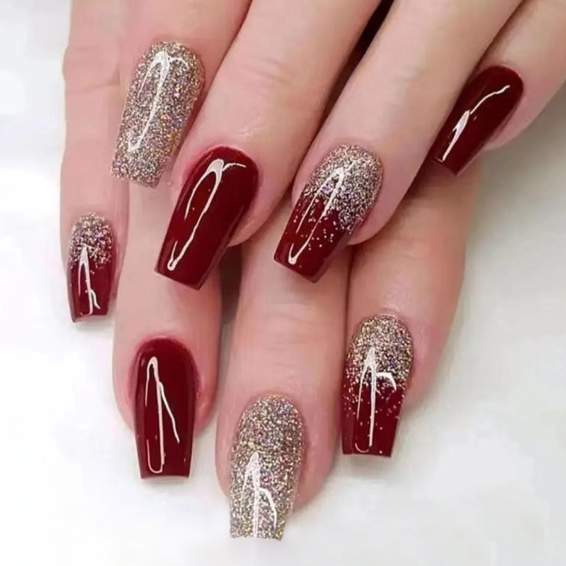24Pcs Aurora Fake Nail with Glue Mid-length Square Head Design False Nails Simple Fashion Press on Nails Full Cover Nail Tips E0162