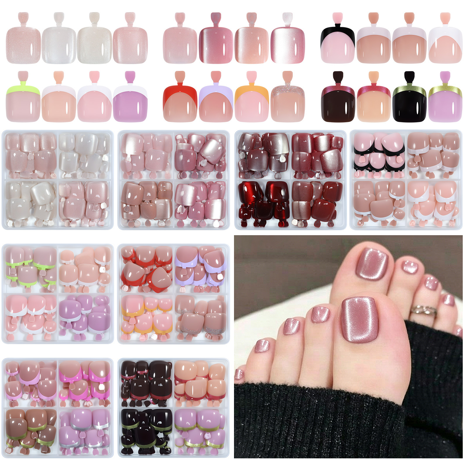 96pcs/Box French/Cat Eye Toe Nail Stickers Y2K Square Nail Tips Toe Press On Nails Pre-Designed Soft Gel Thickened Fake Toenails E0145