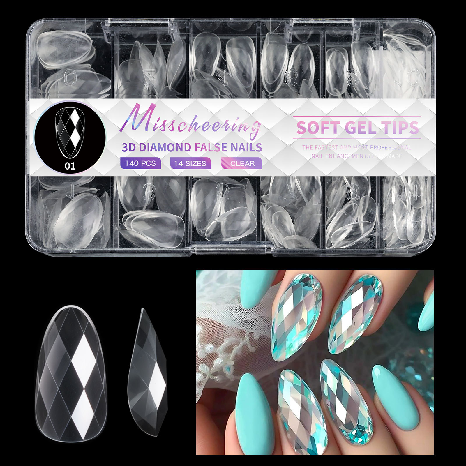 120/140Pcs Luxury Diamond Almond Press On False Nail Tips Classic Trapezoidal Full Cover Soft Fake Nails Extension DIY Manicure Salon Tools E0153A view 5