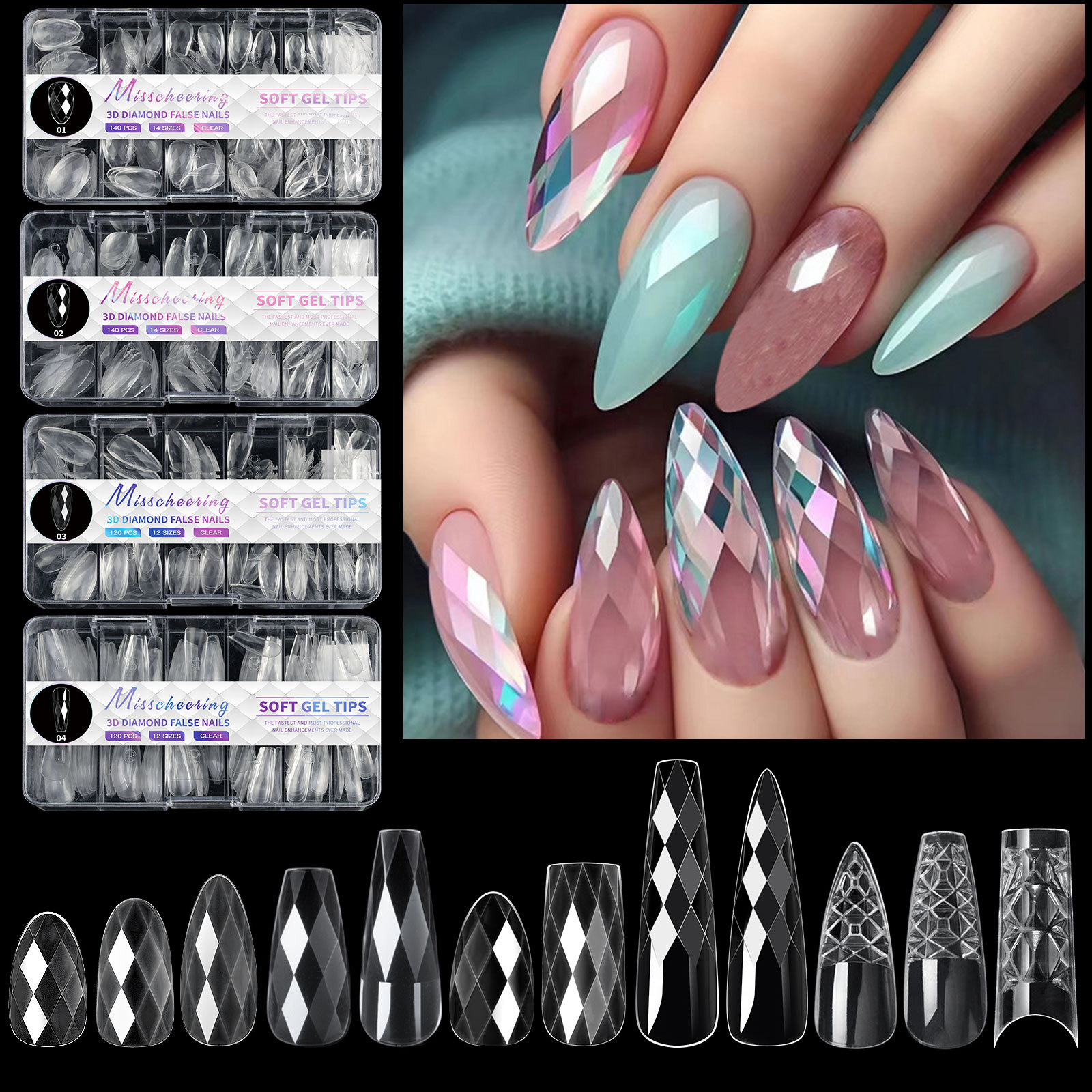 120/140Pcs Luxury Diamond Almond Press On False Nail Tips Classic Trapezoidal Full Cover Soft Fake Nails Extension DIY Manicure Salon Tools E0153A