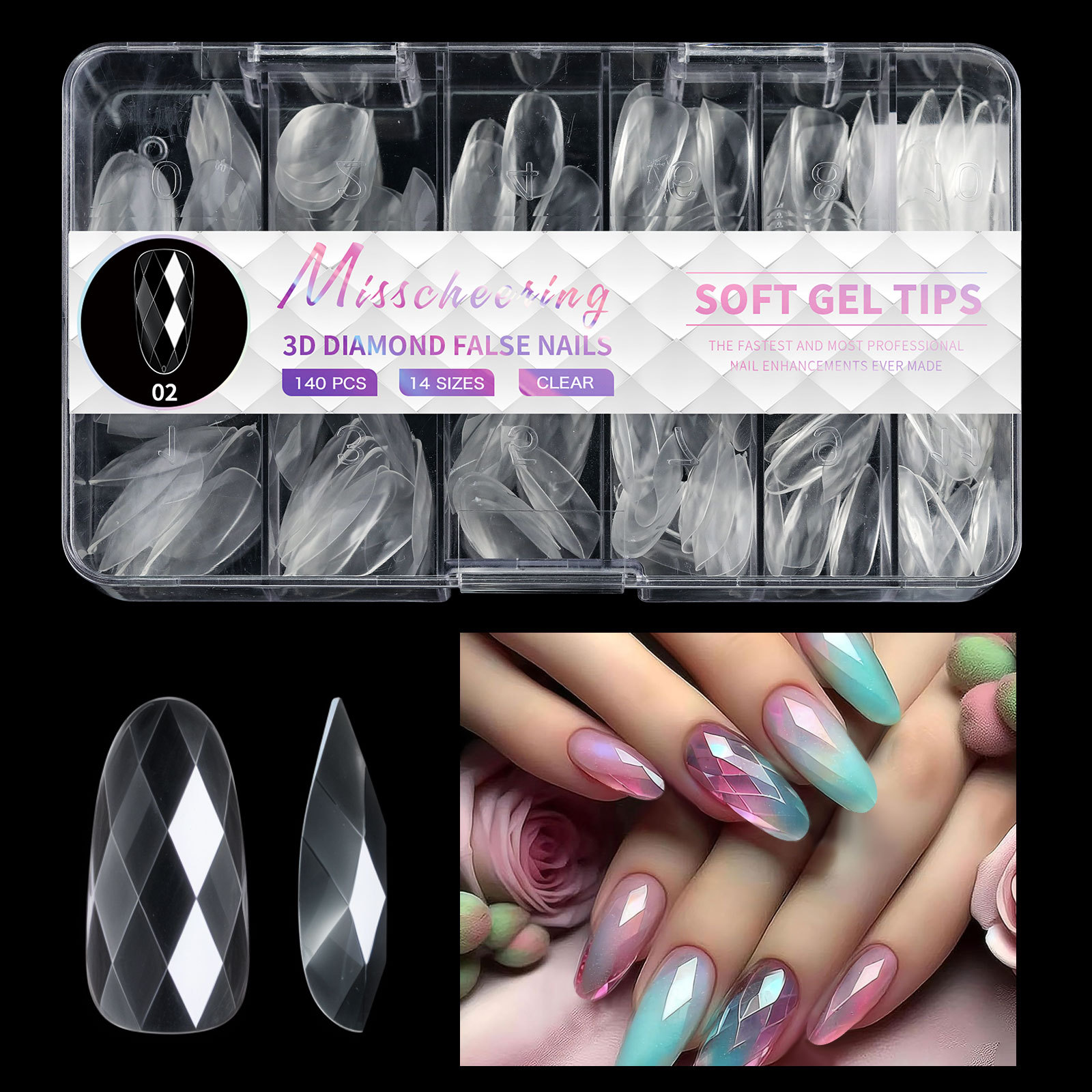 120/140Pcs Luxury Diamond Almond Press On False Nail Tips Classic Trapezoidal Full Cover Soft Fake Nails Extension DIY Manicure Salon Tools E0153A view 6