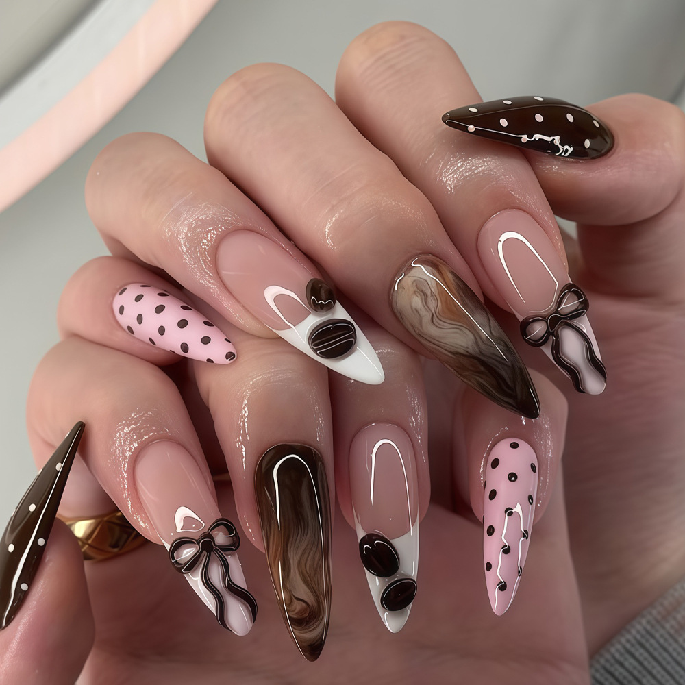 24pcs Pink Press on Nails with Polka Dot Pattern Design Almond Full Cover Nail Tips Acrylic French False Nail Simple Fake Nail E0149A