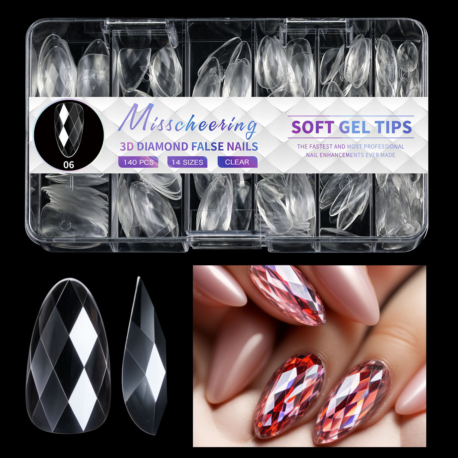 120/140Pcs Luxury Diamond Almond Press On False Nail Tips Classic Trapezoidal Full Cover Soft Fake Nails Extension DIY Manicure Salon Tools E0153A view 10