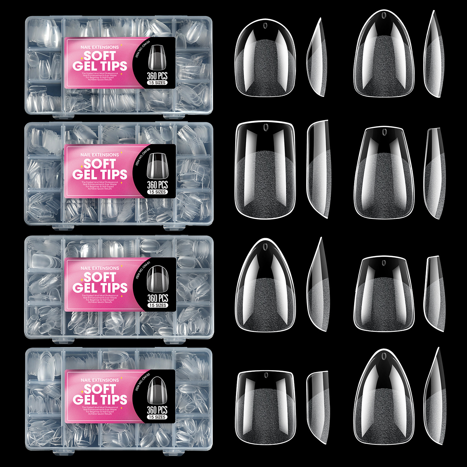 New 360Pcs Clear Short Almond Soft Nail Extension Tips 15 Sizes Matte Full Cover DIY Nail Art Professional Salon Press On Nails E0122