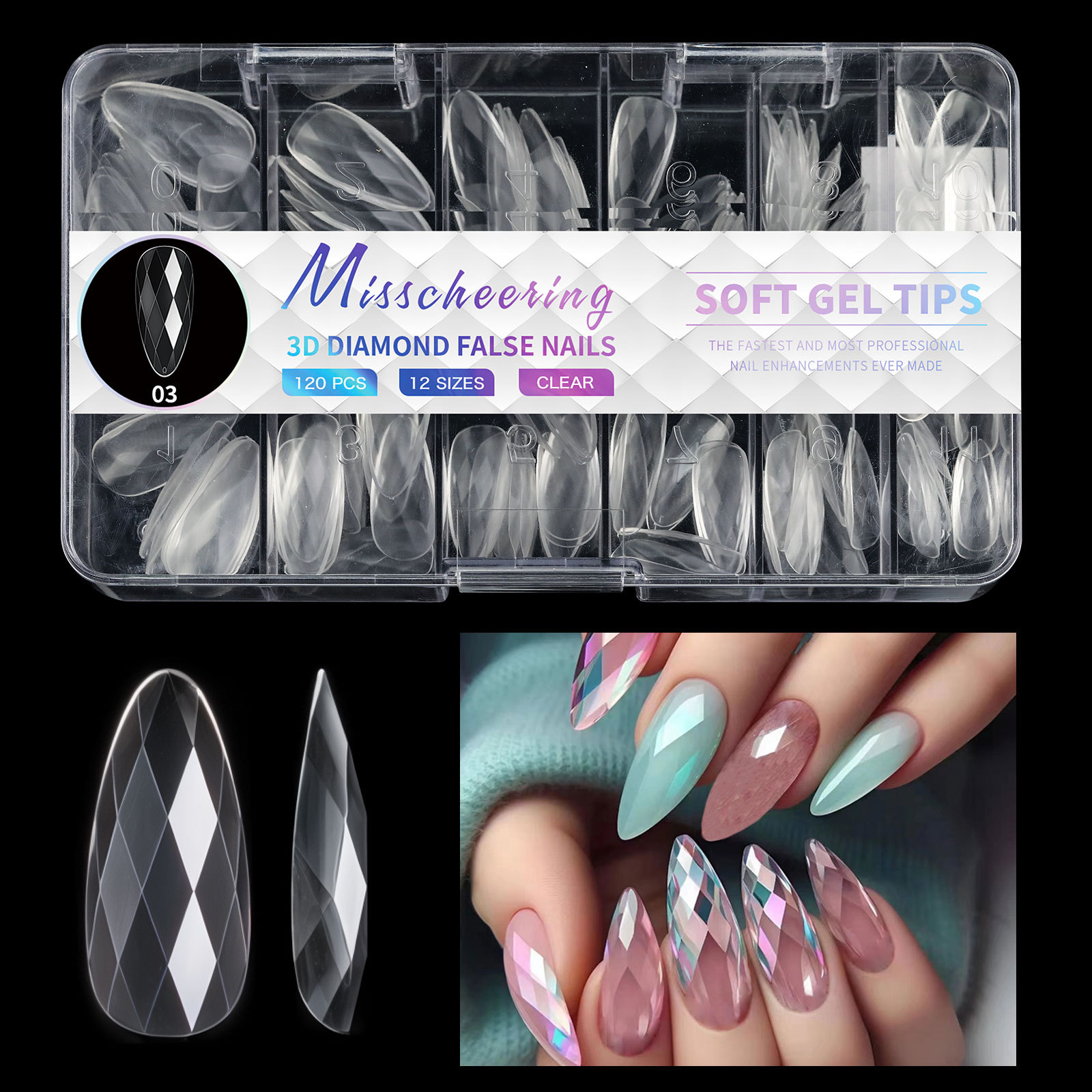 120/140Pcs Luxury Diamond Almond Press On False Nail Tips Classic Trapezoidal Full Cover Soft Fake Nails Extension DIY Manicure Salon Tools E0153A view 7