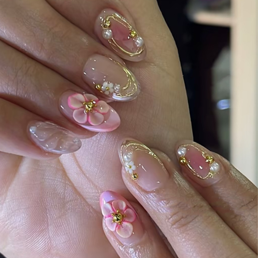 24pcs Pink Press on Nails with Polka Dot Pattern Design Almond Full Cover Nail Tips Acrylic French False Nail Simple Fake Nail E0149A view 3