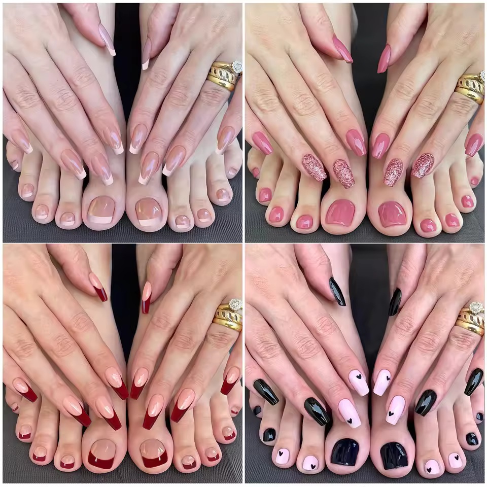 48Pcs Hand Foot manicure combo Series Artificial False Nails Toenails Fashion Solid Color French Wearable Finished Fake Nails E0103A