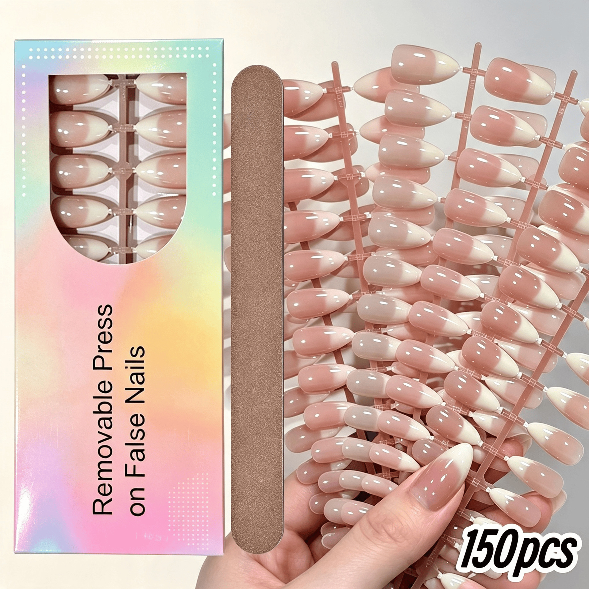 150Pcs Medium Almond Gradient White French Tips Fake Nail Glossy Nude Pink Brown French Press On Nails Full Cover Extension Tips E0155A