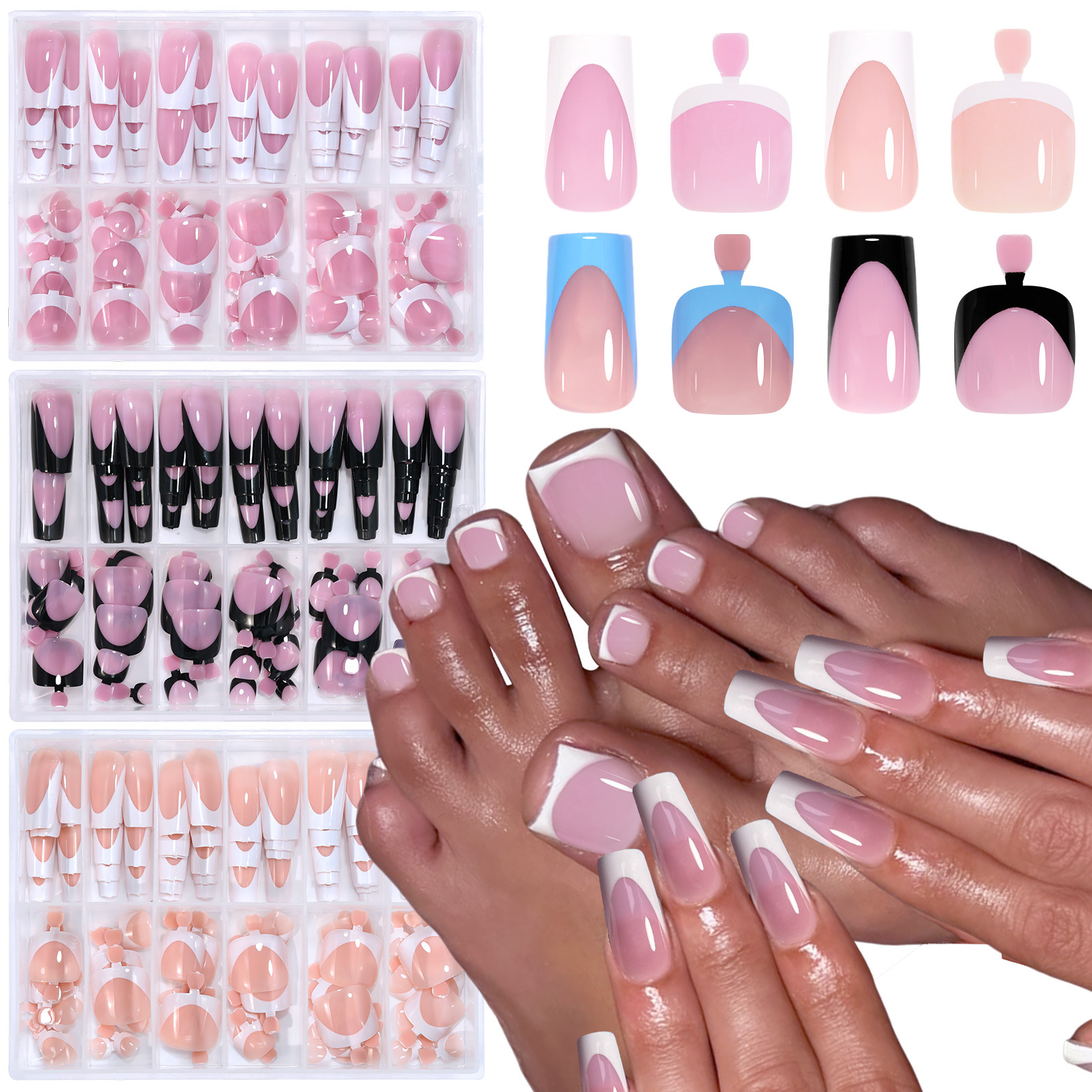48/144Pcs Short Square French False Finger&Toe Nails Pink White French Tip Press On nails Summer Reusable Nail Art for Women E0157A