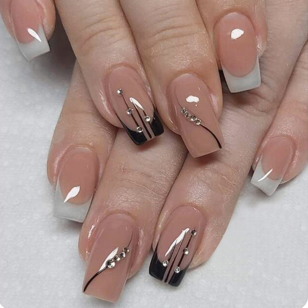 24Pcs Simple White French Press on Fake Nails with Shiny Powder Short Square Head False Nails Tips Reusable Stick-on Manicure E0159A view 2