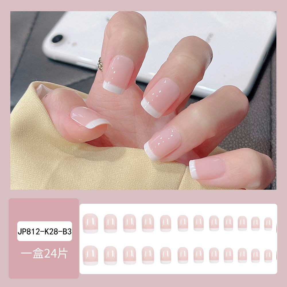24Pcs Simple White French Press on Fake Nails with Shiny Powder Short Square Head False Nails Tips Reusable Stick-on Manicure E0159A view 9