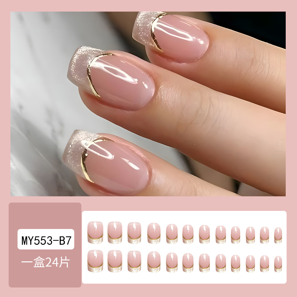 24Pcs Simple White French Press on Fake Nails with Shiny Powder Short Square Head False Nails Tips Reusable Stick-on Manicure E0159A