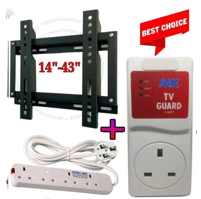 14-43 Inch TV Wall Mounting Bracket + Electronic TV Guard Surge Protector + 4 Way Power Extension Strip – Complete TV Installation Kit with Safety Shutters & Fireproof Sockets for Home Office