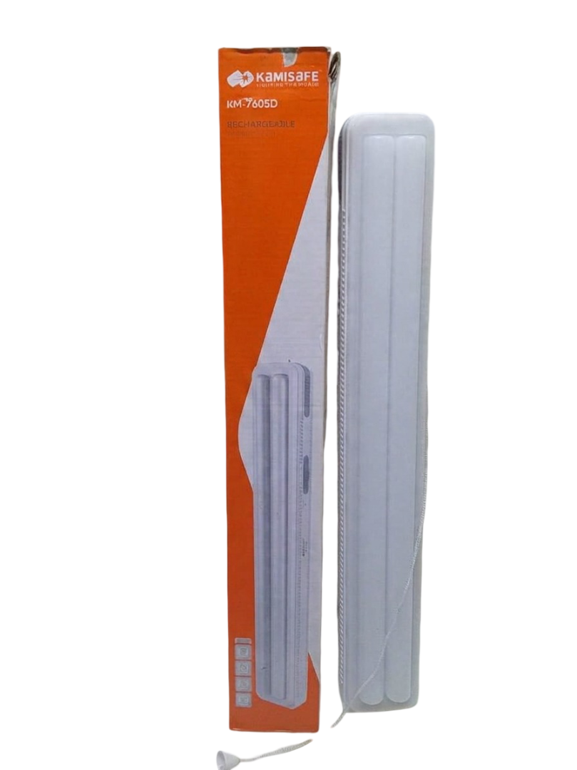 Kamisafe KM-7605D Rechargeable LED Emergency Lamp – Dual Tube Light with High/Low Settings, 4000mAh Battery, Mains & Solar Charging, Portable with Hanging Hook for Blackouts, Camping & Outdoor Use