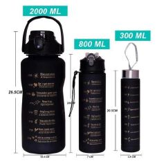 3-in-1 Motivational Water Bottle Set – Large Capacity Sports Bottles with Time Markers, Leak-Proof Lids, Straws & Carry Handles for Gym, Travel & Outdoor Fitness