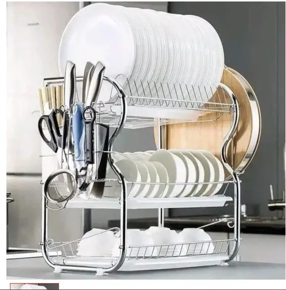 Stainless Steel Dish Rack - 2 Layer and 3 Tier Large Capacity Drainer Dishrack with Cutlery Holder & Drip Tray, Rust-Resistant Kitchen Sink Organizer for Dishes, Cups, and Utensils.