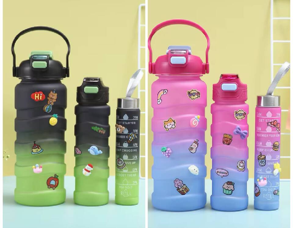 3-Piece Motivational Water Bottle Set – Frosted Gradient Design with Time Markers, Tritan Plastic, Includes 2L, 900ml & 500ml Sizes for Gym, Office & Travel