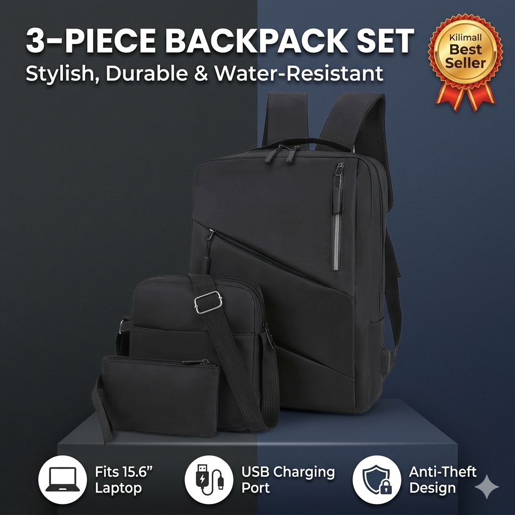 3-Piece Laptop Backpack Set – USB Charging & Anti-Theft Travel Bag for Men & Women – Lightweight Nylon School Bookbag for College & Business (Medium)