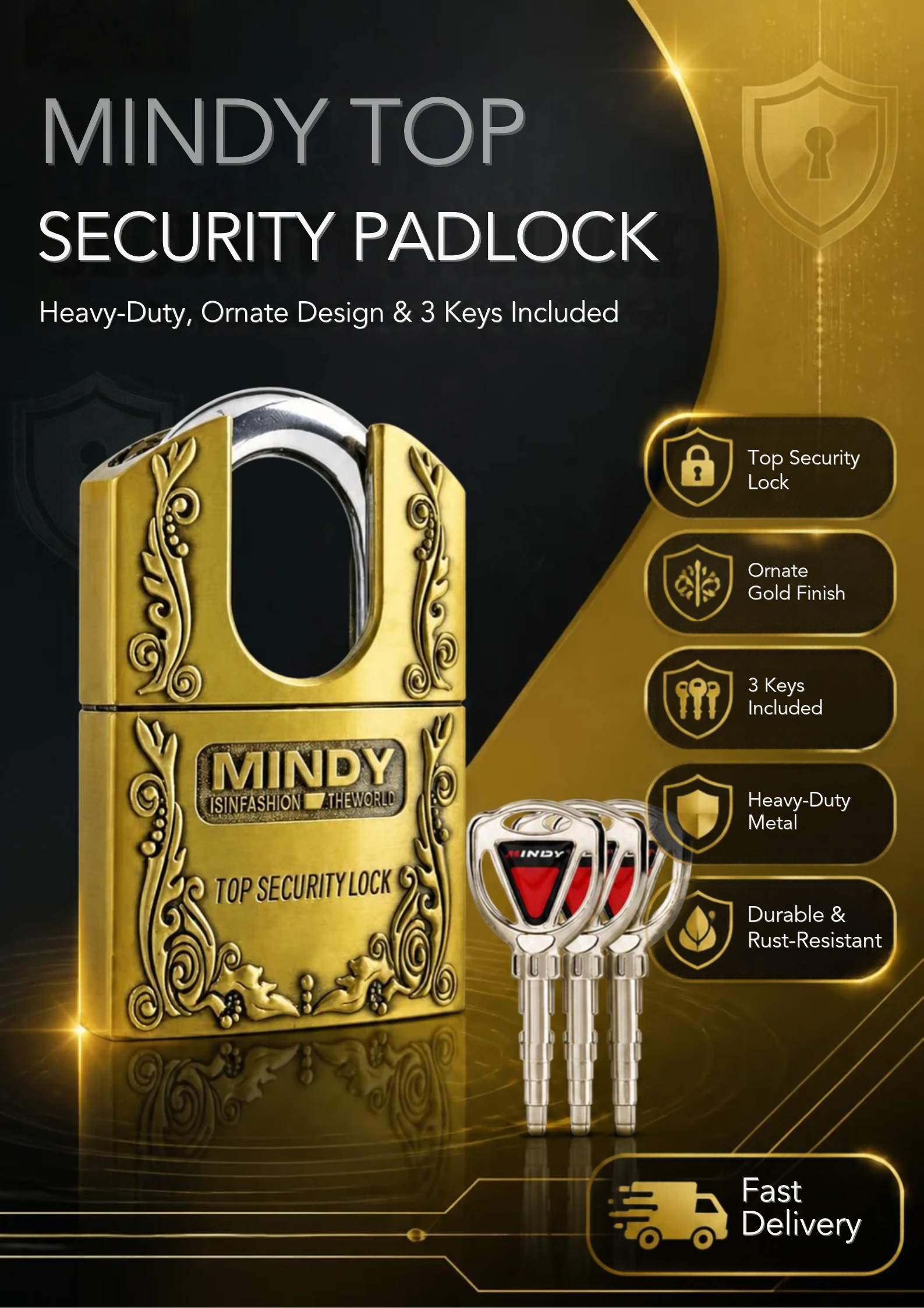 Mindy Top Anti-Burglar Theft Padlock – Zinc Alloy High Security Lock with 3 Keys, Hardened Steel Shackle, Pick & Cut Resistant – Ideal for Gates, Lockers, Toolboxes & Storage Units