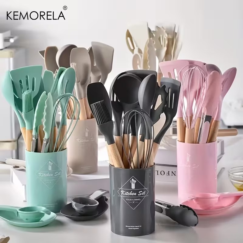 12-Piece Silicone Cooking & Serving Spoon Set – Non-Stick Heat Resistant Kitchen Utensils with Wooden Handle – Complete Utensil Set for Baking, Mixing & Serving