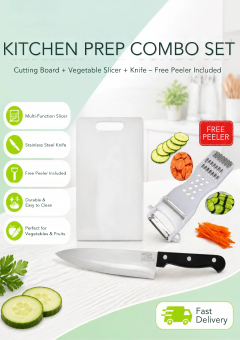 Chopping Board + Kitchen Knife Set + FREE Peeler – 3-in-1 Kitchen Starter Kit, Reversible Non-Slip Chopping Board with Soft-Grip Handle & Juice Groove