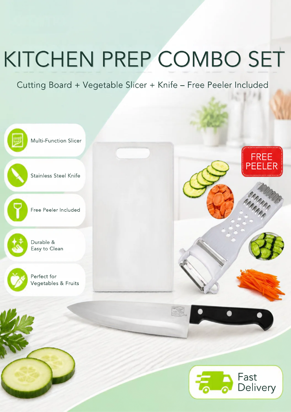 Chopping Board + Kitchen Knife Set + FREE Peeler – 3-in-1 Kitchen Starter Kit, Reversible Non-Slip Chopping Board with Soft-Grip Handle & Juice Groove