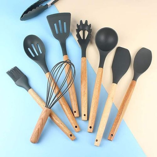 12-Piece Silicone Cooking & Serving Spoon Set – Non-Stick Heat Resistant Kitchen Utensils with Wooden Handle – Complete Utensil Set for Baking, Mixing & Serving