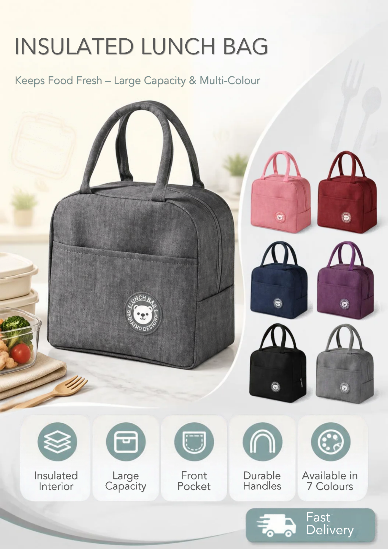 Insulated Lunch Box Portable  Canvas Lunch Bag Thermal Food Picnic Lunch Bags For Women & Kid Capacity-6 liters With tin foil inside, can use as both insulated and cooler.