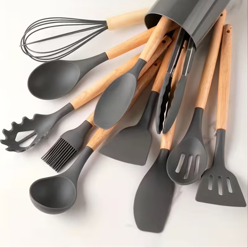 12-Piece Silicone Cooking & Serving Spoon Set – Non-Stick Heat Resistant Kitchen Utensils with Wooden Handle – Complete Utensil Set for Baking, Mixing & Serving