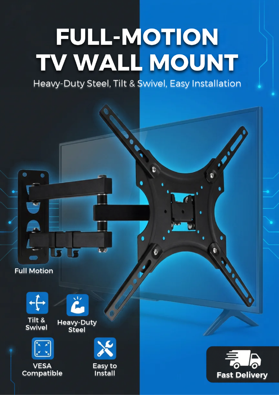 Adjustable Heavy-Duty TV Wall Mount Bracket – 14" to 55" with 180° Rotation & Swivel Wide Compatibility Full Motion Adjustments Heavy-Duty Steel Build Space-Saving Design –Keeps your TV neatly mounted